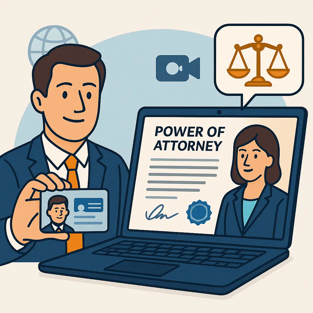 Client presenting ID while notary confirms legal terms of power of attorney