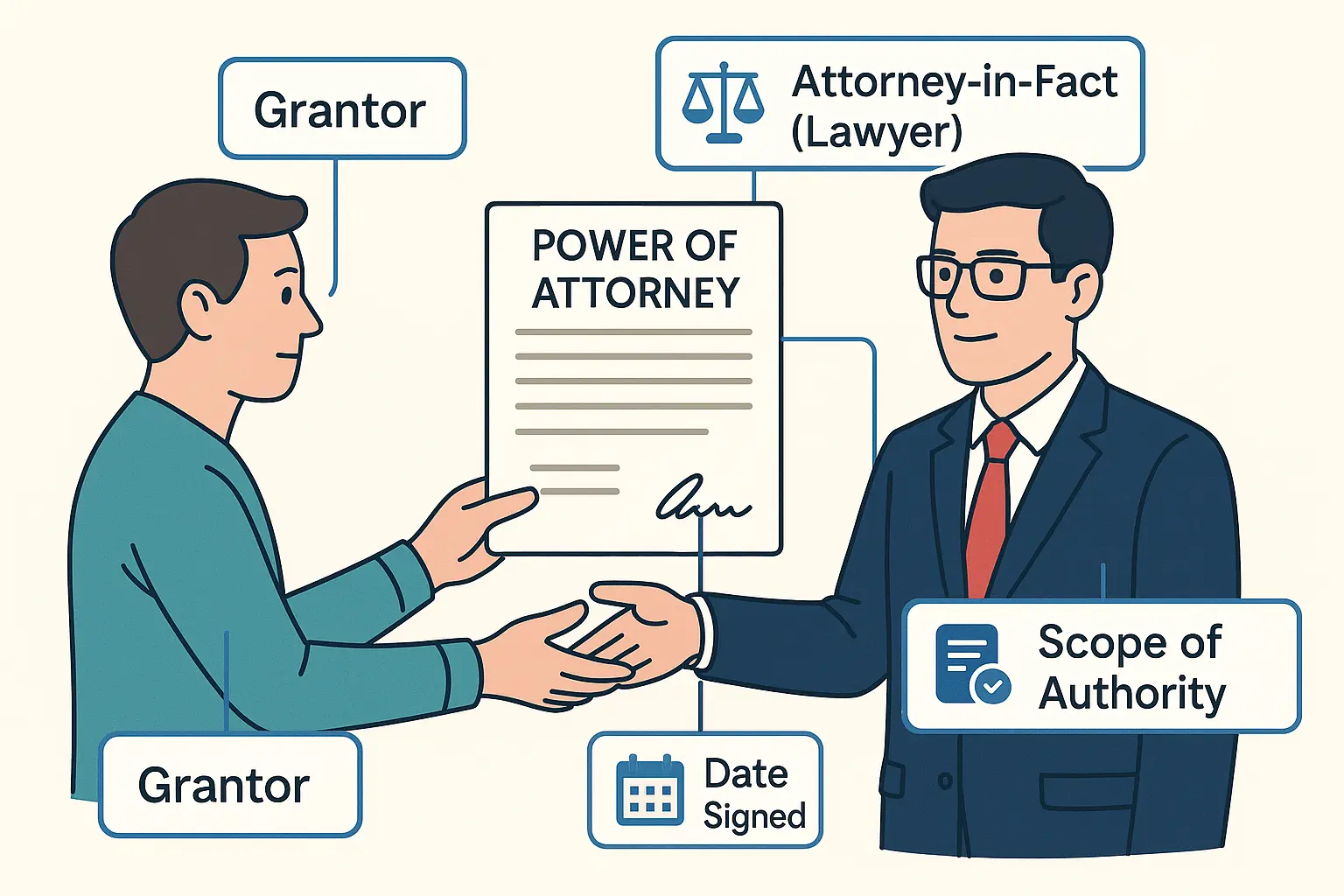 Client verifying identity while notary confirms legal delegation terms