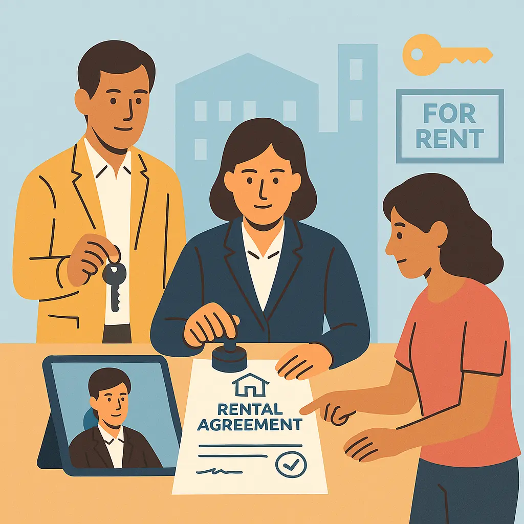 Landlord, tenant, and notary reviewing property lease agreement