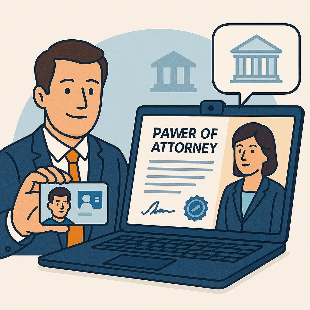 Client showing ID while notary presents banking power of attorney document