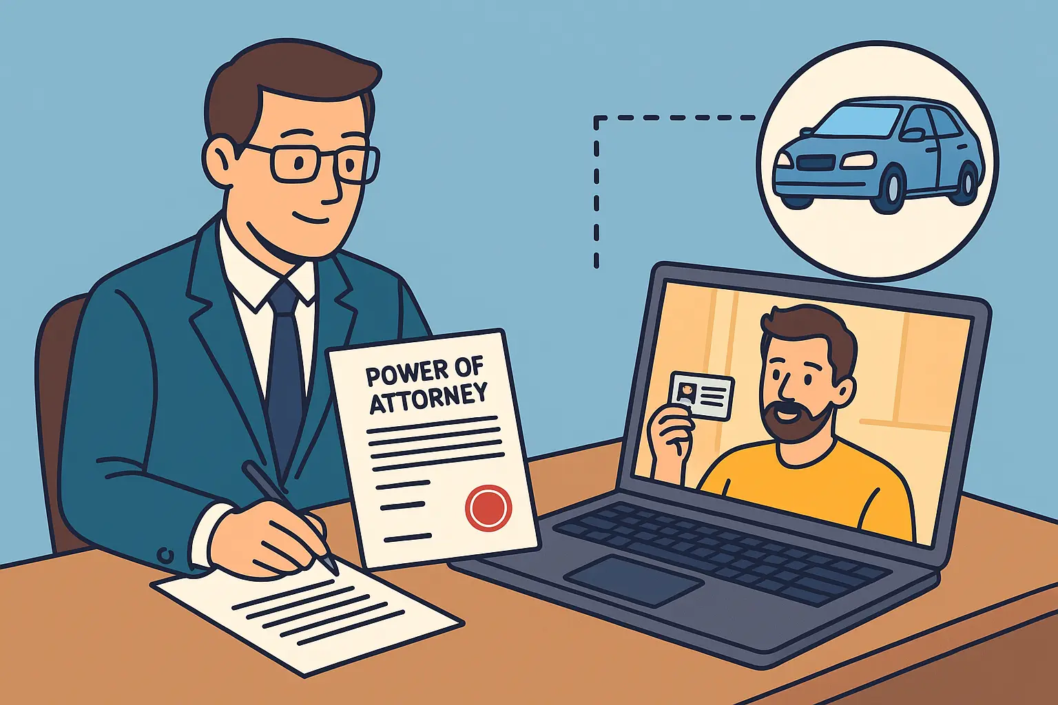 Notary reviewing vehicle power of attorney while client presents ID