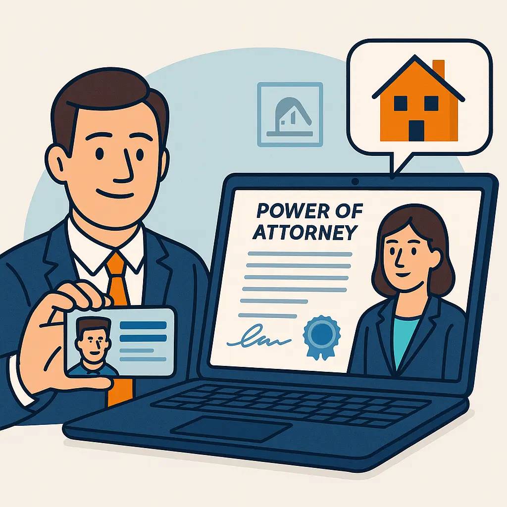 Client verifying identity while notary reviews real estate power of attorney