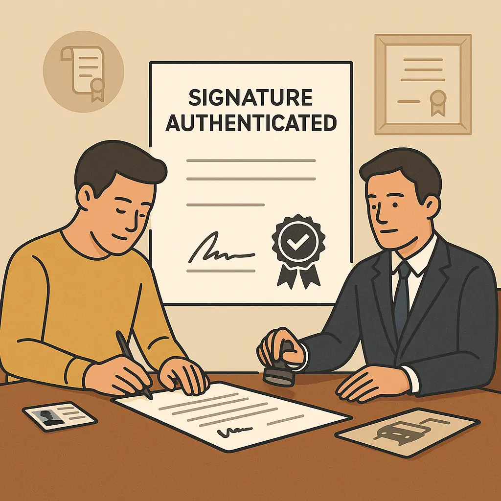 Person signing document in front of a notary for verification